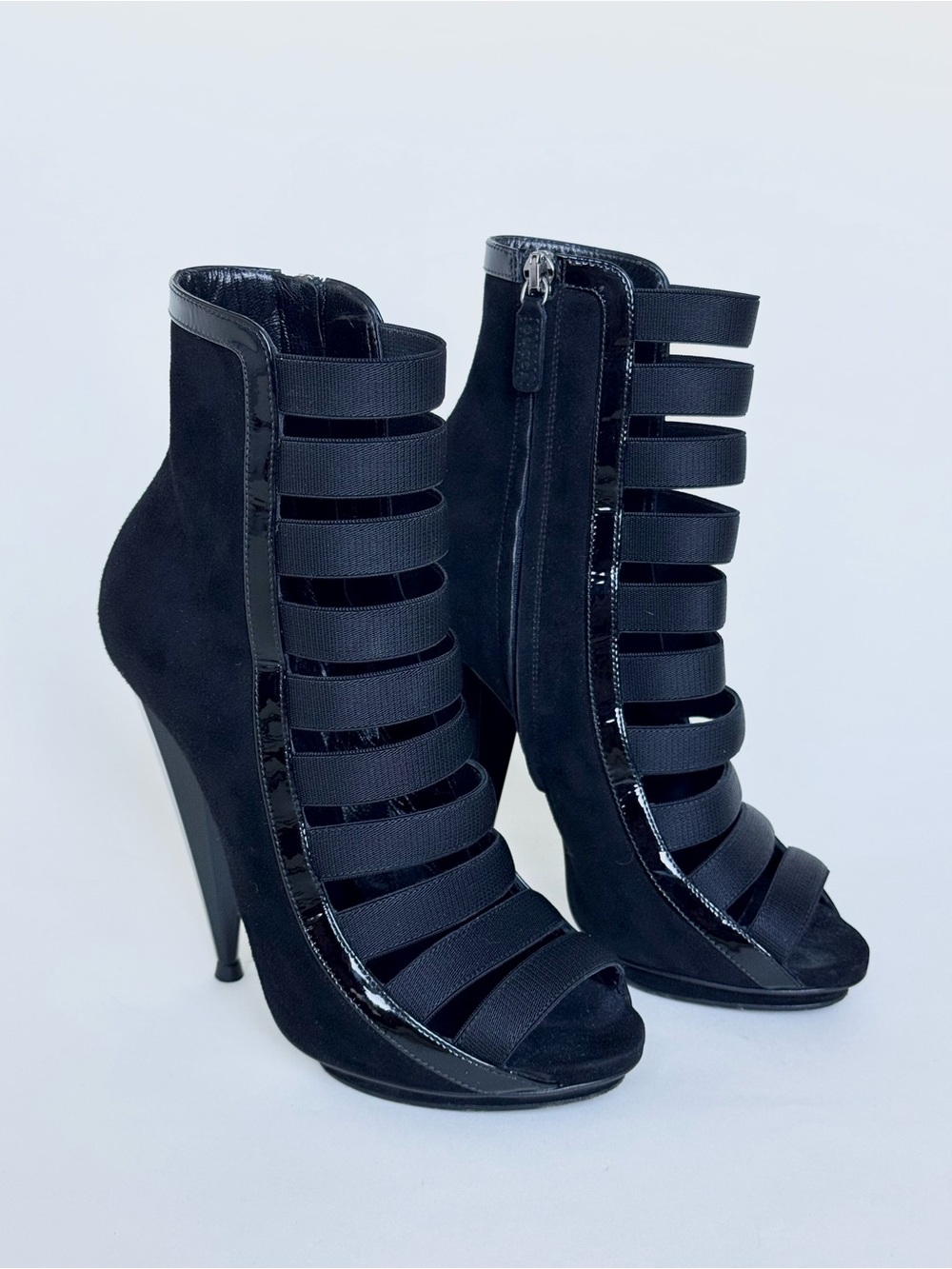 Gucci Black Suede and Patent Leather Olimpia Cage Booties SS2014 Collection